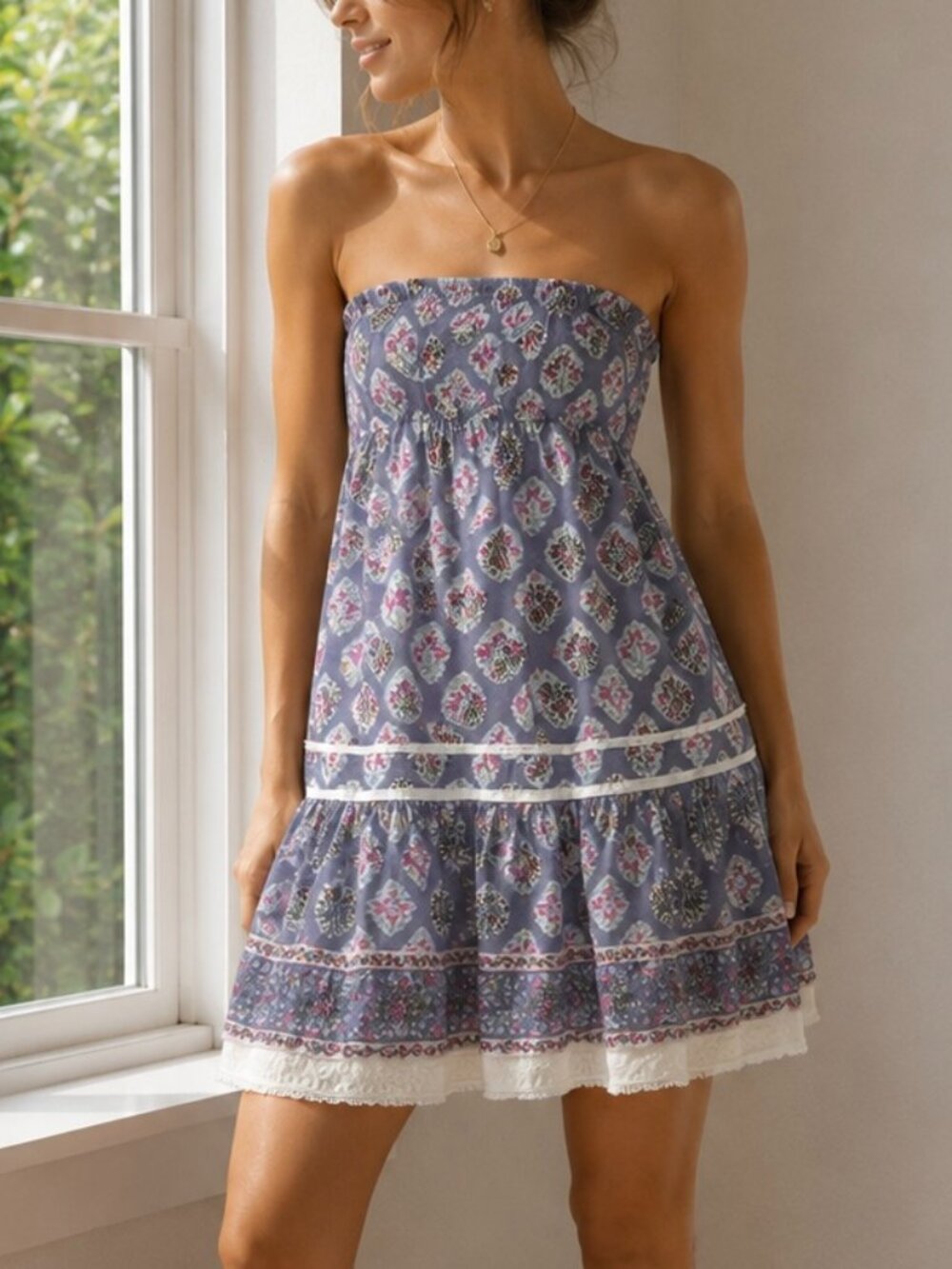 American Eagle Y2K Strapless Paisley Smocked Mini Dress Purple Size 6